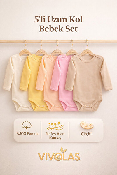 Vivolas 5'li Uzun Kollu %100 Pamuk Unisex Bebek Body Zıbın Seti Pastel Renkle...
