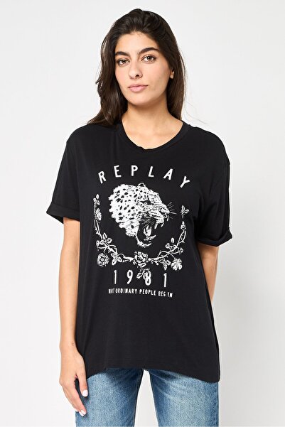 Replay Women Round Neck Short Sleeves Brand Logo T-Shirt, Black