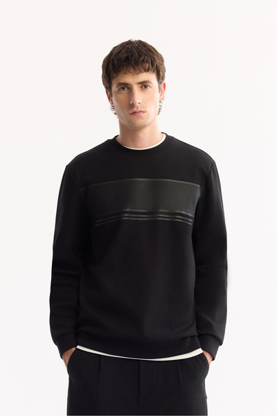 Avva Erkek Siyah Bisiklet Yaka Pamuklu Bi-Stretch Baskılı Regular Fit Sweatsh...