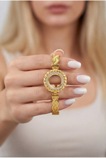 FerizZ Ceyrek Çerçeve Bileklik Çelik Altın Kaplama Örgü Model-BLZ-635