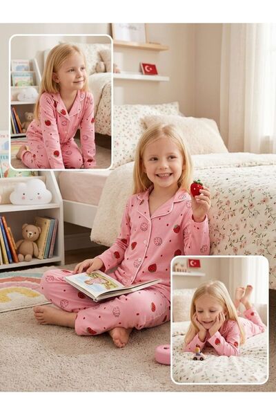 SERRASTIL Girls' Pajama Set Pink Color Strawberry Patterned Cotton Long Sleeve