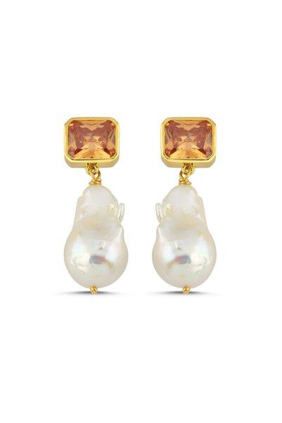LİNYA JEWELLERY Şampanya Kristal Taşlı Barok İnci Sallantılı Küpe