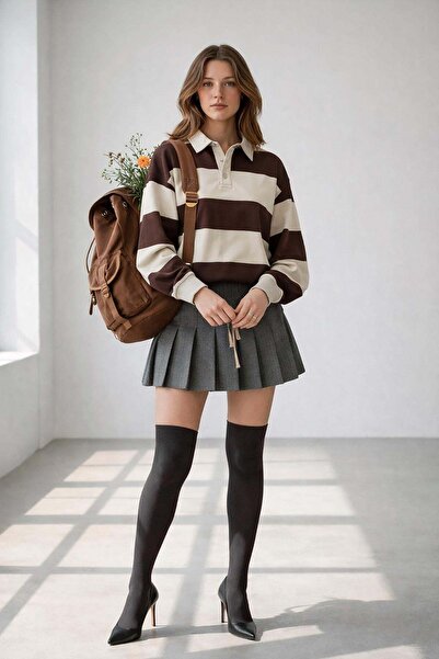 Madmext Tricou cu mânecă lungă pentru femei, cu guler polo, cu nasturi, în du...