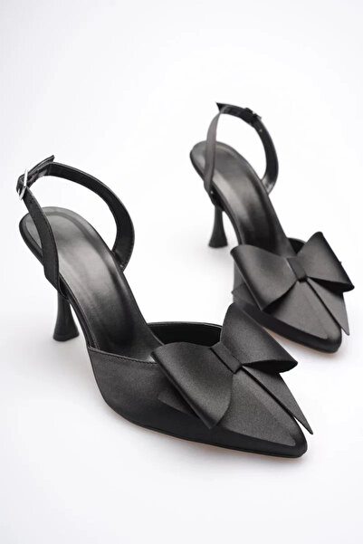 Belinora Women's Black Bow Satin Slingback Heeled Shoes Tr40Ms01A
