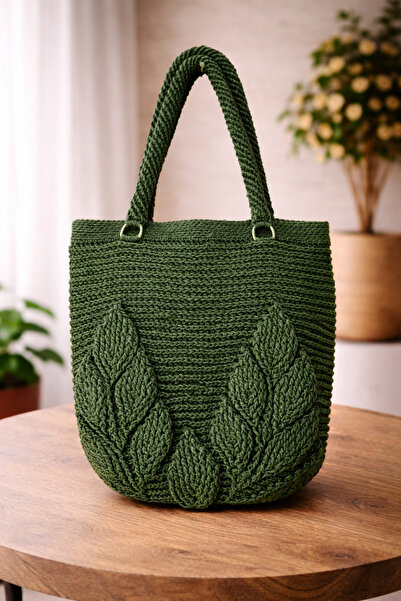 Nua Bags El Yapımı Yeşil Tığ İşi Çanta – Orta Boy Örgü Omuz Çantası
