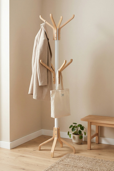 VİLİNZE Vesti Ahşap Naturel Ayaklı Beyaz Metal Portmanto Elbise Askılık