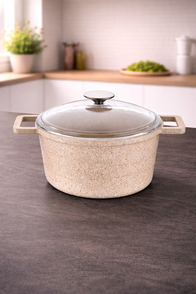 LAVONNI Elexsus 24 cm Cast Granite Deep Pot Non-Stick with Cappuccino Glass Lid