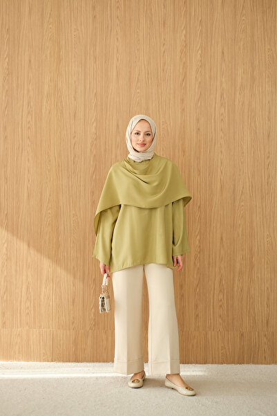 LOCCO Γυναικεία μπλούζα με λεπτομέρεια σάλι και δέσιμο στη μέση, λαδί πράσινο