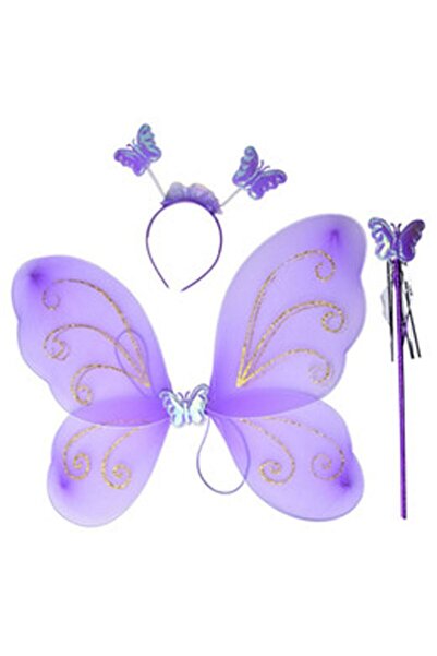 Pandoli Partidolu Mor Renk Kelebek Gösteri Kanat Set 50 cm Kanat Asa Taç 3 lü...