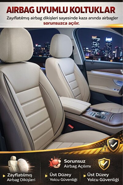 GM-DESIGN Jet Bej Deri Üniversal Oto Koltuk Kılıfı - 5 Koltuk Tam Set