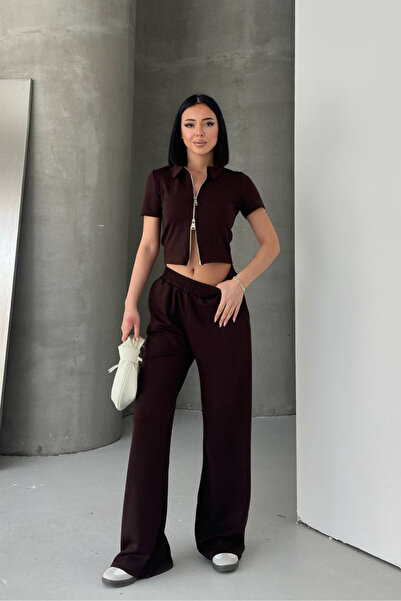 ARK MAĞAZALARI Set pantaloni crop cu fermoar reversibil și talie înaltă, comb...