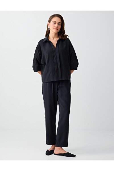 Jimmy Key Μαύρο παντελόνι με κανονικό τελείωμα, ψηλόμεσο, υφαντό από Modal