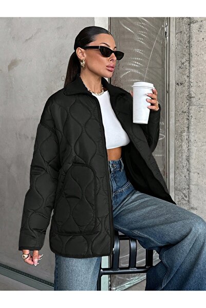 BORCKA TEKSTİL Black Color Quilted Patterned Wide Collar Women's Coat