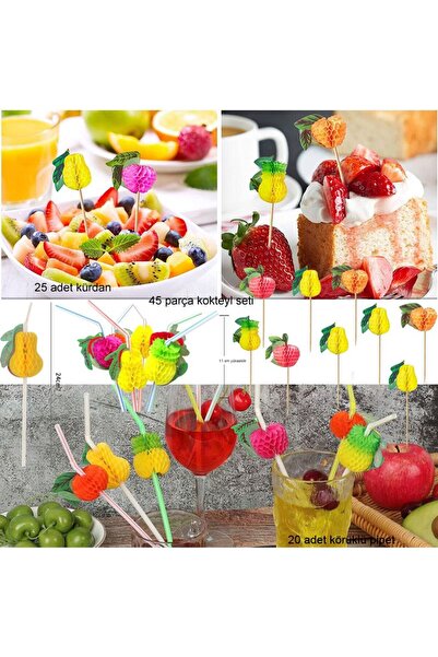 partidolu Hawaian Temalı İçecek Kokteyl Pipeti ve Meyve Süsleme Kürdanı Seti ...