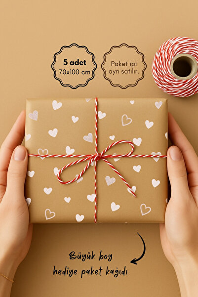 Bimotif 5li Büyük Boy Ambalaj, Paket Kağıdı, 70x100 cm Kalp Desenli, Kraft-Beyaz