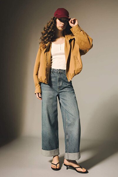 DeFacto bumbac 100% Pantaloni din denim cu croială largă și picior pliat în t...