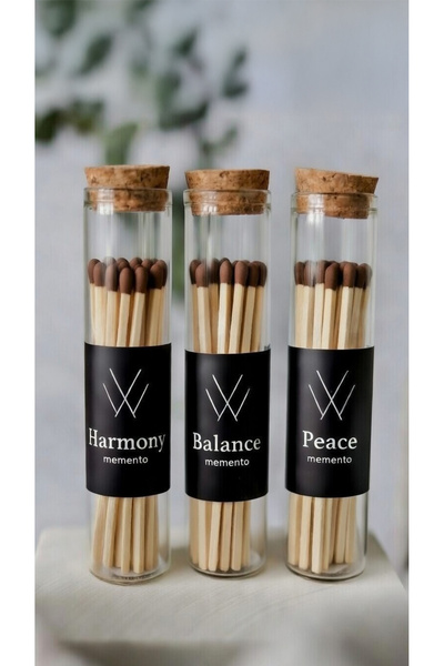 memyap 3'lü Set Dekoratif Cam Şişe Uzun Kibrit - Harmony, Balance, Peace Özel...