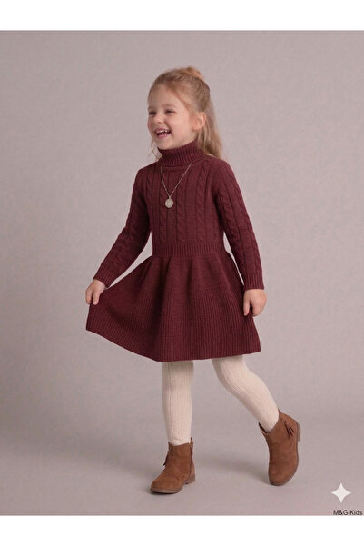 CLOUDY WEAR&DESİGN Girl's Hair Braided Turtleneck Knitwear Dress