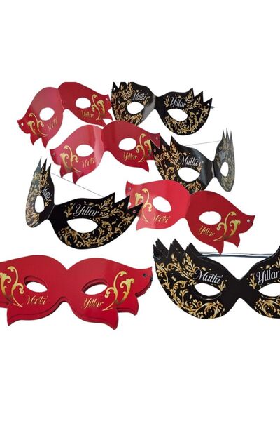 partidolu Mutlu Yıllar Yazılı Karton Gözlük Maske Gözlüğü 20 Adet Siyah ve Kı...