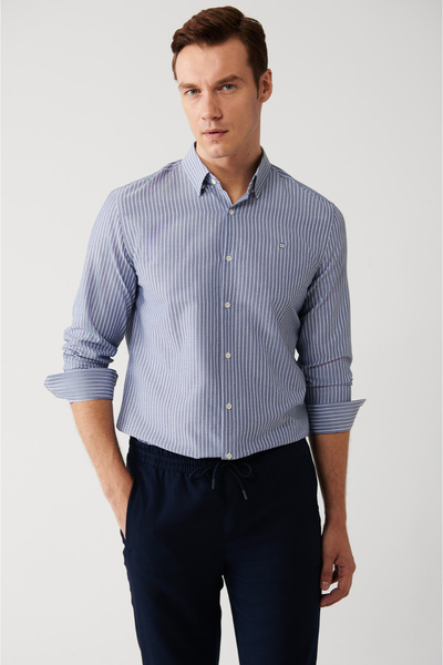 Avva Cămașă pentru bărbați, albastru bleumarin, cu guler cu nasturi, din bumb...