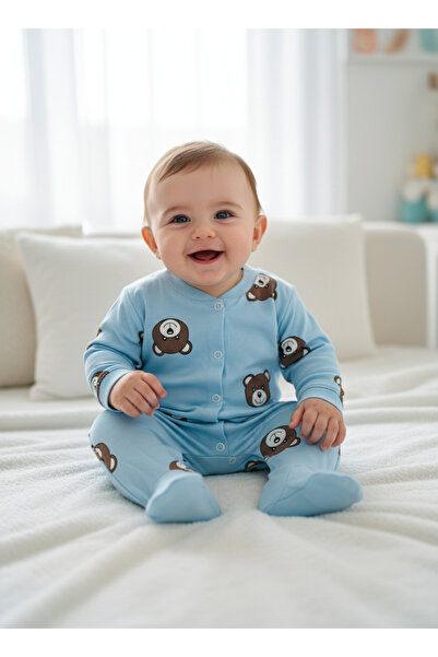 minço bebe Erkek Bebek Ayıcık Baskılı Çıtçıtlı Patikli Mavi Tulum %100 Pamuk ...