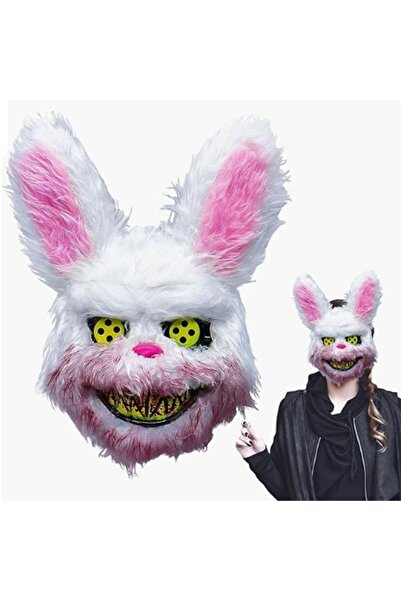 partidolu Halloween Plastik Üzeri Peluş Katil Tavşan Maskesi Kanlı Beyaz Renk...