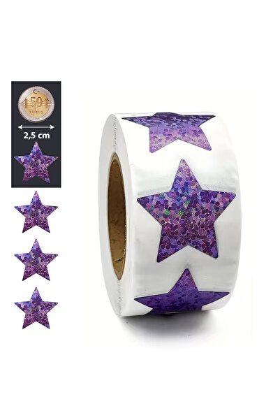 hdcw 500 ADET 2.5cm RULO YAPIŞKANLI HOLOGRAFİK MOR YILDIZ STICKER ETİKET HEDİ...