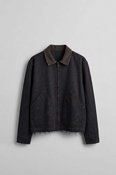 ablukaonline سترة رجالية بياقة متباينة قابلة للغسل بقصة مريحة باللون الأسود