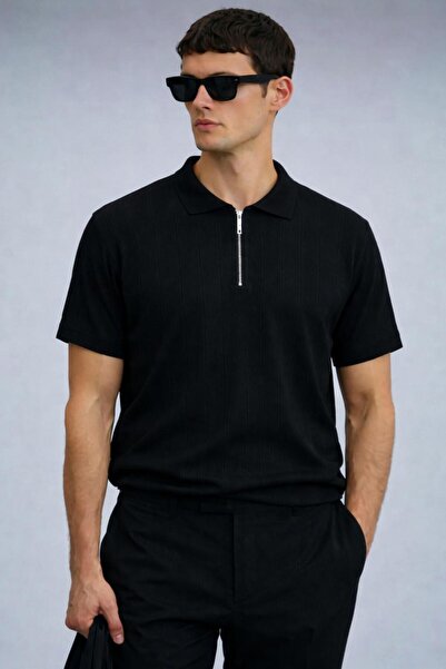 Lufian Polyemid Premium Kalite Erkek Kısa Kollu Yarım Fermuar Detaylı Triko T...