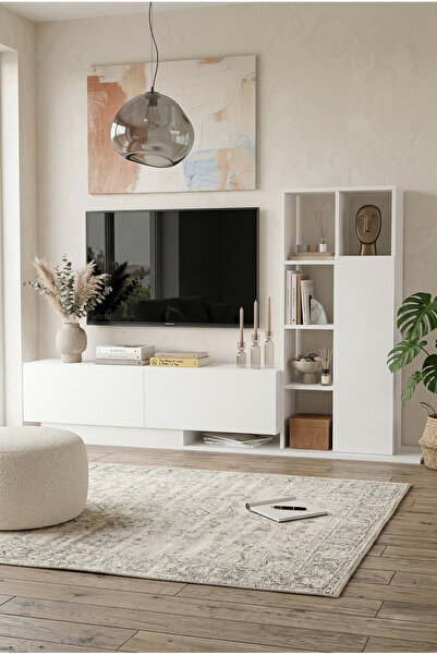 Robin Home Lotus Tv Ünitesi Kapaklı Kitaplık Raf Beyaz