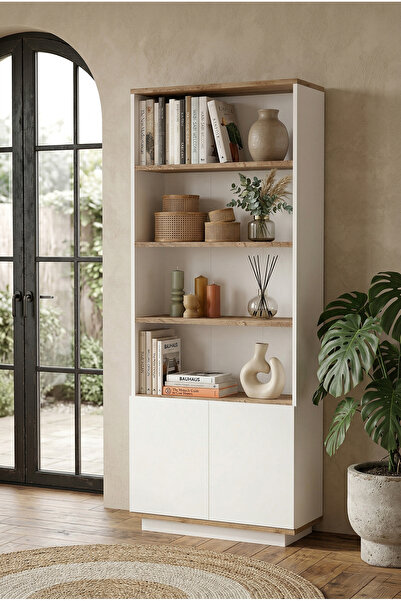 Robin Home Loft Kitaplık Raf 2 Kapaklı Raflı 168cm Çam-beyaz