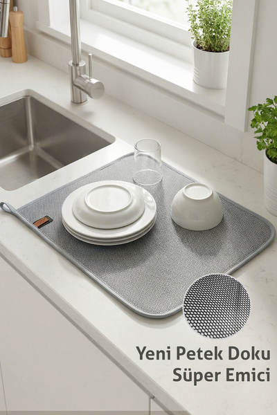 HAMUR Gri Renk Bulaşık Kurutma Matı Mutfak Kurutma Örtüsü Pedi Tezgah Üstü Ku...