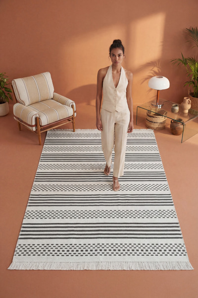 Cool Halı Lovely Gray Kilim Machine Washable Double-Sided Woven Acrylic Thin ...