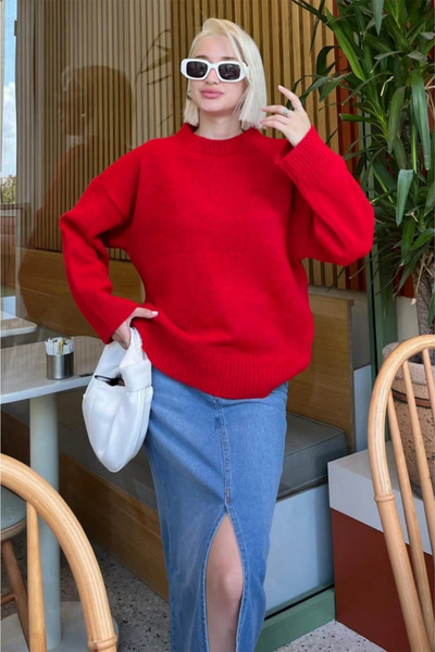 MODASPARK Red Crew Neck Oversize Women's Knitwear Sweater