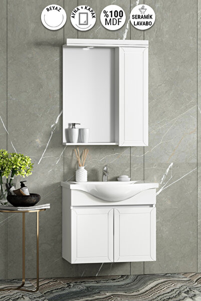 ÖZCEDEN Lilyum 65 cm Beyaz MDF Pk-109 Balon Kapak Seramik Lavabolu Asma Banyo...