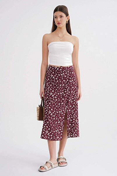 Mixray 4696 Fusta midi țesută cu model floral și șliț pentru femei, roșu claret