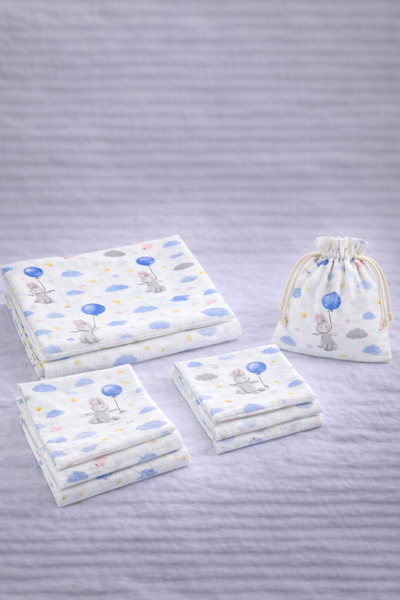 MORE HOME Muslin Cloth Blanket Set 6 Pieces Blue Balloon Rabbit