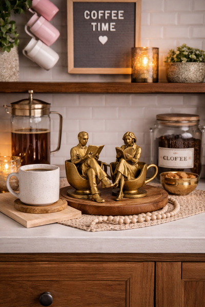 DENGE Kitap Okuyan ve Kahve Temalı Dekoratif Kadın-Erkek 2'li Set