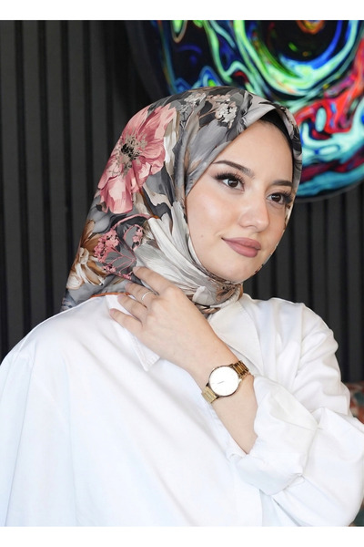 AFVENTE Eșarfă din bumbac moale, gri, cu model margarete