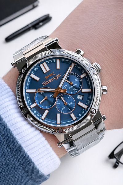 Slazenger 100 Mt Su Geçirmez Özel Kutulu Damat Saati Çelik Kordon Kararma Ren...