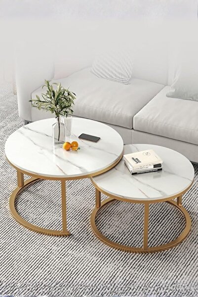 Generic طقم طاولات قهوة متداخل سيراميك بإطار معدني – مودرن – مقاسين 70 و50 سم