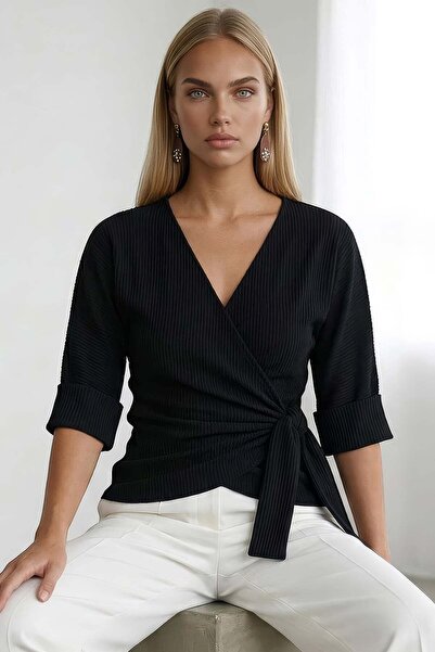 Trend Alaçatı Stili Μαύρη διπλόκουμπη μπλούζα Ottoban με τριών τετάρτων μανίκ...