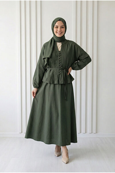 BENAHOLL Σετ φούστας Mila με ριμπ μπροστινό μέρος και κουμπιά - EK814 Χακί