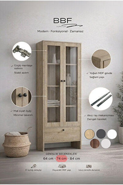 BBF Furniture Lefkas Meşe Cam Kapaklı Modern Vitrin Dolap – Çekmeceli Çok Ama...