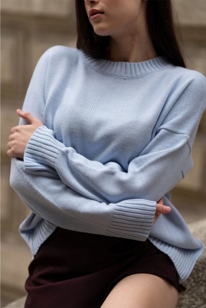 MODASPARK Baby Blue Crew Neck Oversize Women's Knitwear Sweater