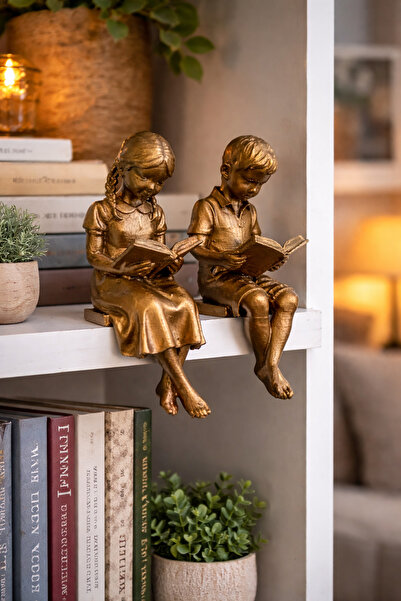 DENGE Kitap Okuyan Çocuklar Biblo – 2’li Set, Raf ve Kitaplık Dekoru 15 cm
