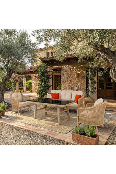 ENLIS Rattan Oturma Grubu Bahçe Balkon Teras 3+1+1 Minderli Temperli Cam Masa...