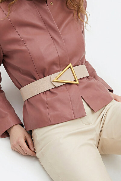 Ecru Thick Women's Belt with Triangle Gold Buckle 4.5 cm