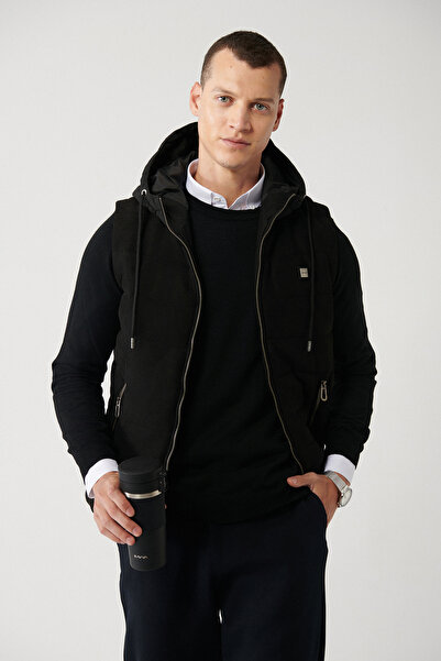 Avva Men's Black Hooded Fiber Vest A32Y6511