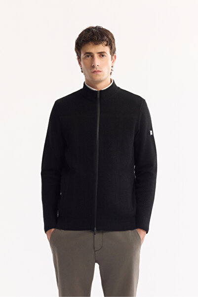 Avva Men's Black Mock Neck Zippered Wool Blend Textured Regular Fit Cardigan ...